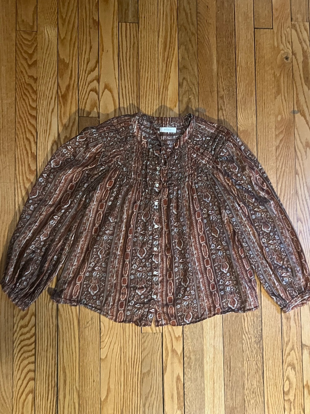 Doen Brown Paisley Button-Front Peasant Blouse